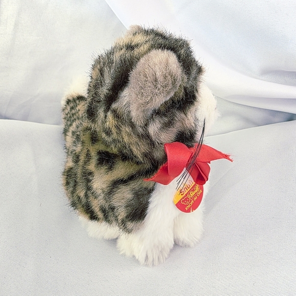Steiff Snuffi Tabby Cat Plush Button Tag Green Eyes Bow Ribbon 6.5 Inch 077395 - Picture 3 of 10